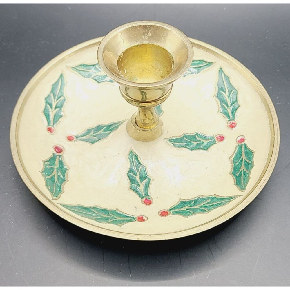 Vintage Brass Candle Holder With Enamel Holly Ribbon Leaf Design MCM Christmas